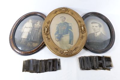 Lot of 3 Photographs in Oval Frames. One hand colored. Also includes antique negatives. Frames 