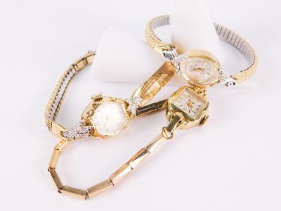 Lot of 3 14k Ladies Watches. Including Bulova with 3 Prong Applicae and Small Round Cut Diamond 
