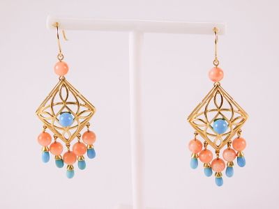 Pair of 14k Drop Earrings - Turquoise and Coral Accents. Pair of 14k Drop Earrings with 