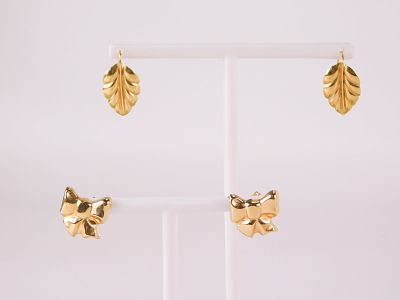 Two Pairs of Yellow Gold Earrings. Including Pair of Hollowback Bow Earrings with Posts and 