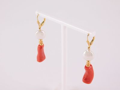 Pair of 14k Yellow Gold Coral and Coin Freshwater Pearl Drop Earrings. Marked 14k Israel. 