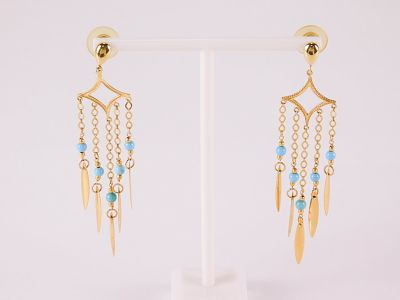 Pair of Yellow Gold Chandelier Pierced Earrings with Turquoise Colored Beads. Marked 14k Italy 