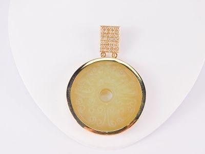 14k Yellow Gold, Diamond and Jade Oversized Pendant. Large, Circular, Engraved Jade in 14k 