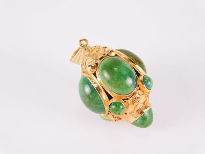 14k and Jade Variety Etruscan Revival Pendant. 14k Yellow Gold and Jade Variety Etruscan Revival 
