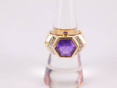 14k Yellow Gold, Amethyst, Diamond, and Ruby Ring. Thick band with open work at the top and the 