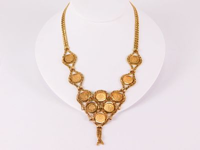 14k Yellow Gold Filigree Link Bib Necklace with Coins. 14k Yellow Gold Filigree Link Bib 