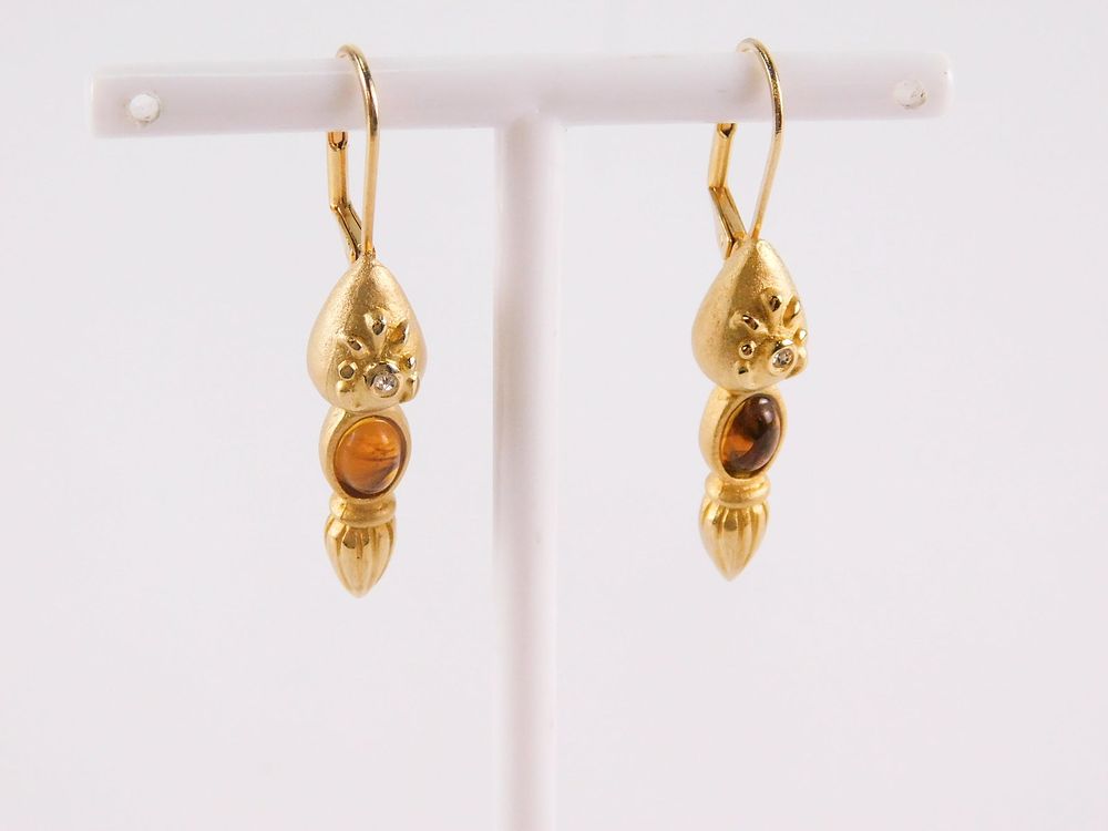 Lot 177: Pair of 10k Amber and Diamond Drop Earrings