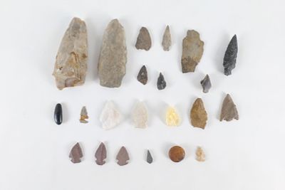 Lot of Antique Arrowhead and Tools. Including Axe Heads, Stone Arrowheads, and More. Various 