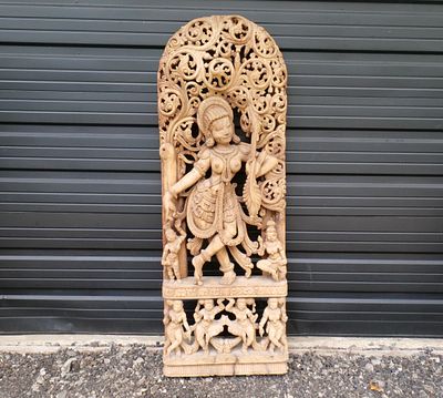 Hand-Carved Hardwood Hindu Deity and Celestial Dancer Architectural Wall Plaque. Large 