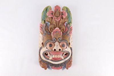 Hand-Carved Balinese Wood Barong Guardian Mask Wall Plaque. Done with polychrome paint in pink 