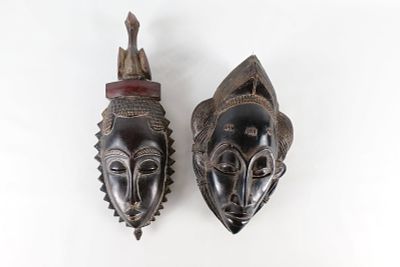 Lot of 2 Vintage Hand-Carved African Baule/Yaure Style Wood Masks - Ivory Coast tribal wall 