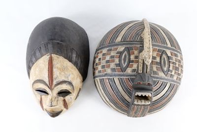 Lot of 2 Vintage Hand Carved African Tribal Wood Masks - Punu style white mask and polychrome 