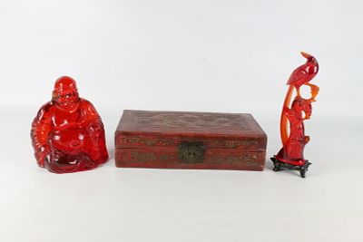 Lot of Vintage Asian D&eacute;cor. Including a Cherry amber faux resin laughing Buddha , cherry amber 