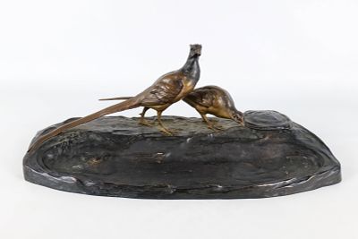 Antique Cast Bronze Figural Pheasants Inkwell/Desk Pen Tray and Catchall Dish. Circa early to 