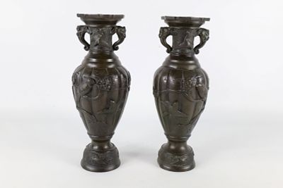 Pair of Antique Japanese Bronze Vases. Depicting high relief birds and cherry blossom trees 
