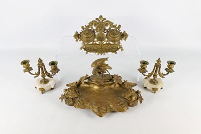 Antique Cast Brass and Bronze Desk Lot. Including Pair of French Rococo/Neoclassical 3-Light 