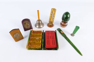 Vintage Art Deco Bakelite and Desk Accessories Lot. Including green marbled bakelite letter 