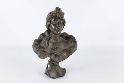 French Art Nouveau Bronze Bust of Maiden - Signed in cast Villani's. Depicting serene young 