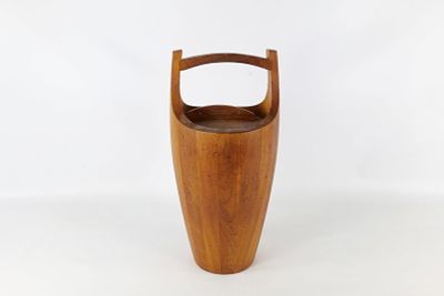 Mid Century Modern Teak Ice Bucket with Handle and Bright Orange Liner. Danish Modern - circa 