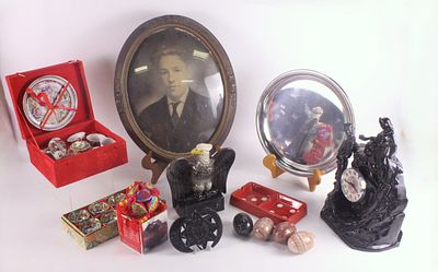 Lot of Vintage and Asian Collectibles. Including vintage Oval framed portrait in bubble glass 