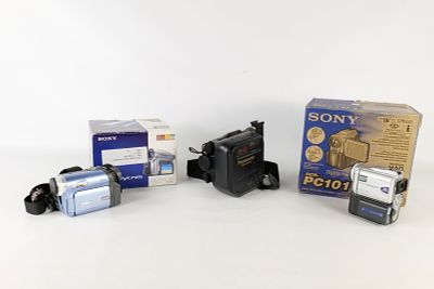 Lot of Three Camcorders. Sony and Panasonic camcorders including models DCR-PC101, PV-GS19, and 