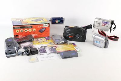 Lot of Five Camcorders and a Storage System. A collection of four camcorders by JVC, Sony, and 
