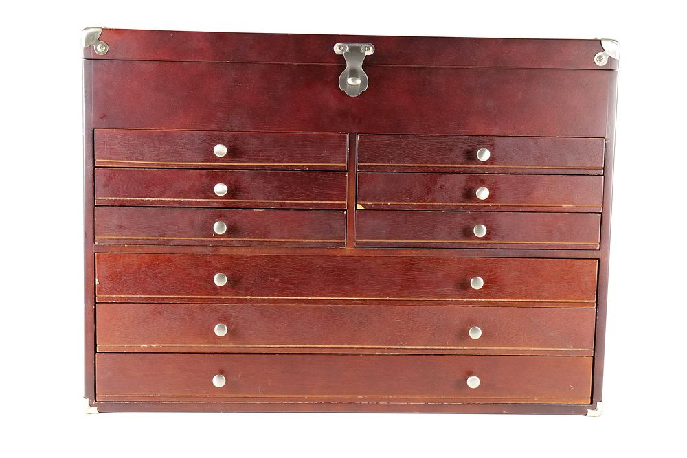 Lot 286: Portable Mahogany-Tone Wooden Machinist Tool Chest with Nine Drawers