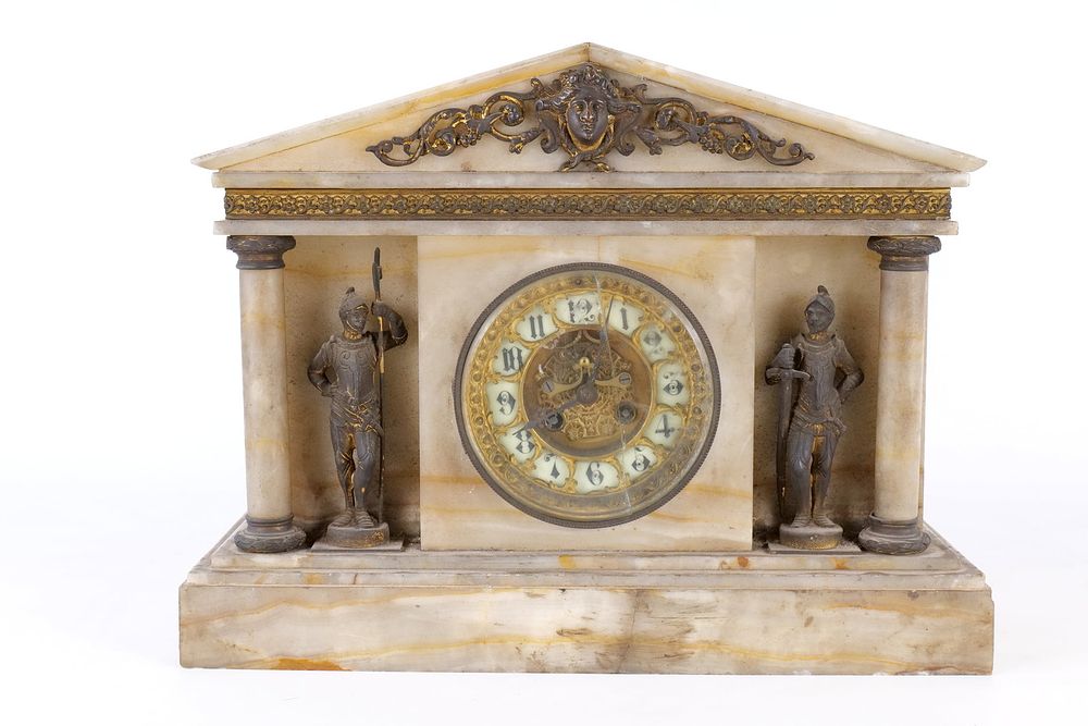 Lot 290: Neoclassical Temple Form Banded Onyx Mantel Clock