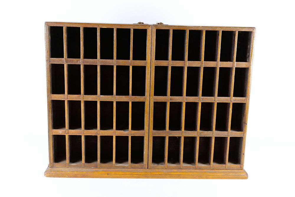 Lot 294: Antique Wooden Specimen Cabinet with Cubby Doors