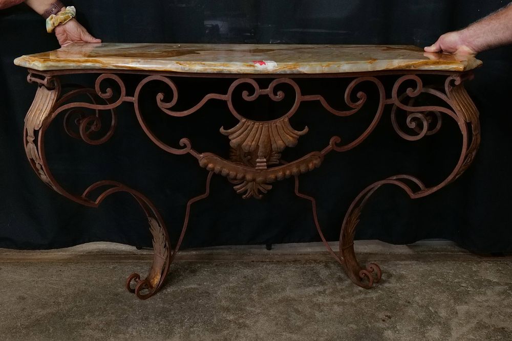 Lot 390: Italian provincial marble top wrought Iron Console Table