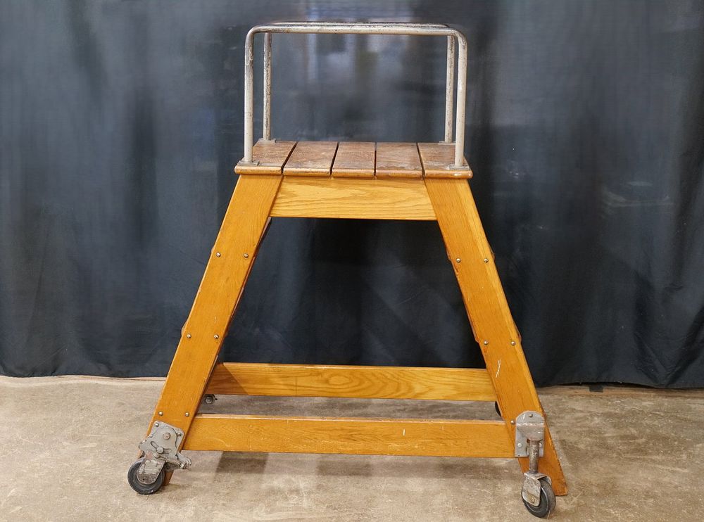 Lot 396: Antique Oak Rolling Library Ladder with Platform