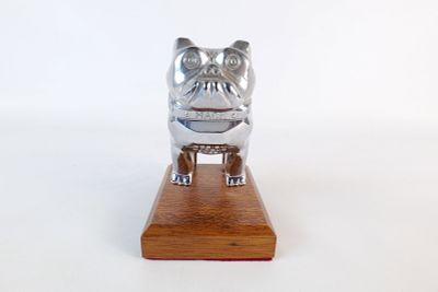 Vintage Chrome Mack Truck Bulldog Hood Ornament. Mounted on finished wood base display. Heavy 