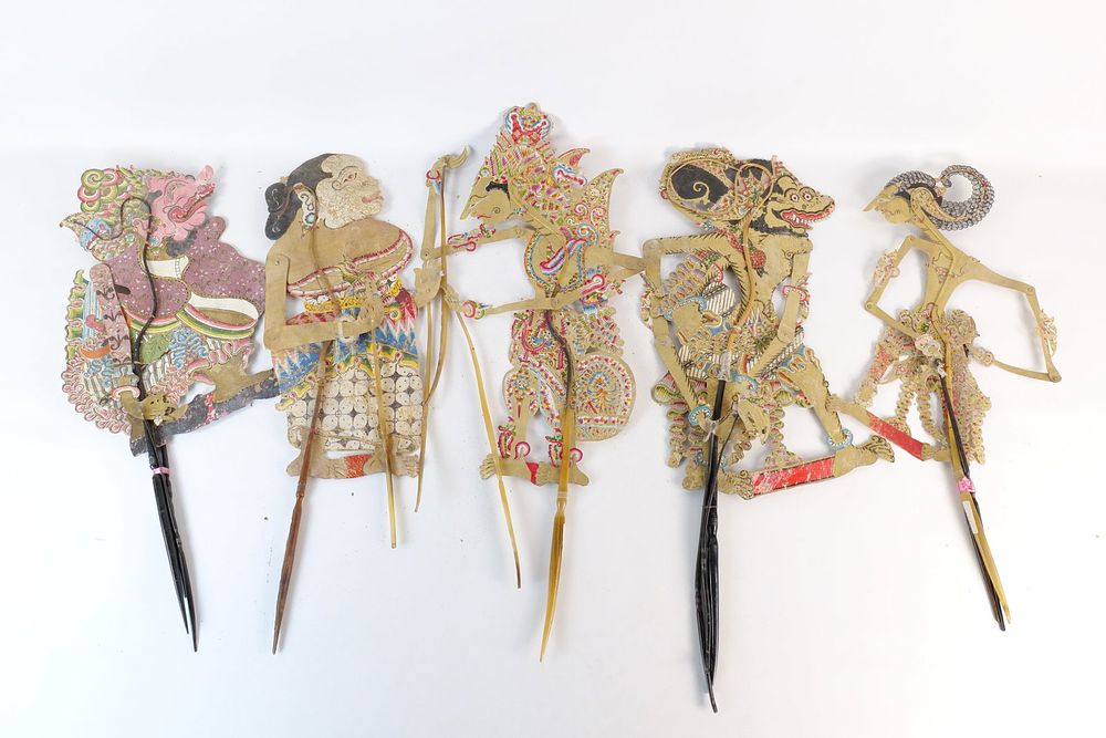 Lot 294: Lot of 5 Vintage Indonesian Wayang Kulit Shadow Puppets