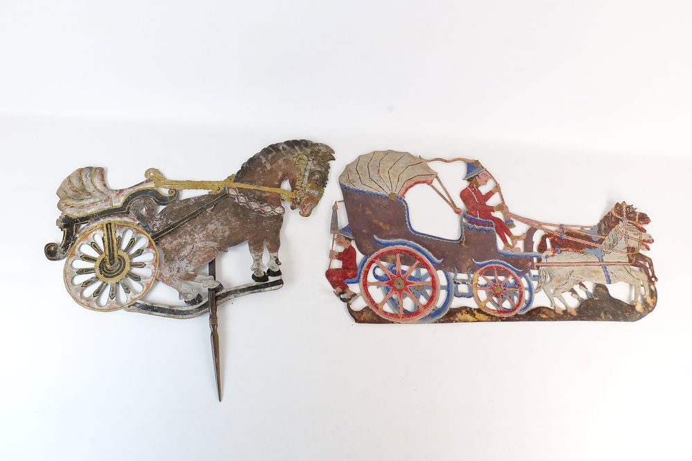 Lot 299: Lot of 2 Vintage Indonesian Wayang Kulit/Wayang Beber Shadow Puppet Carriages