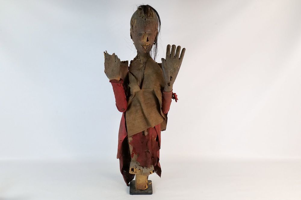 Lot 314: Primitive Folk Art Carved Wood Doll - Female Figure on Stand