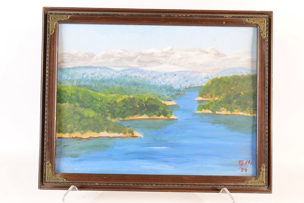 Lot 153: Oil on Board - Landscape with Water and Mountains