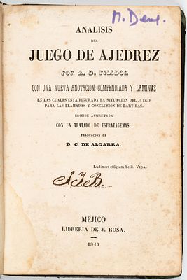 An&aacute;lisis ajedrez, 1846. Danican Philidor, Fran&ccedil;ois-Andr&eacute; [M&eacute;xico] An&aacute;lisis del juego de ajedrez 
