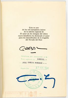 Amor tiempos c&oacute;lera 1ra ed firmada. Garc&iacute;a M&aacute;rquez, Gabriel [Ed. firmada] Edici&oacute;n especial de 