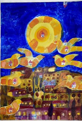 amos stempel - Birds in the kibbutz. נדיר שיצירותיו מגיעות למכירות פומביות. 
שמן על בד, 70X50, חתום 
