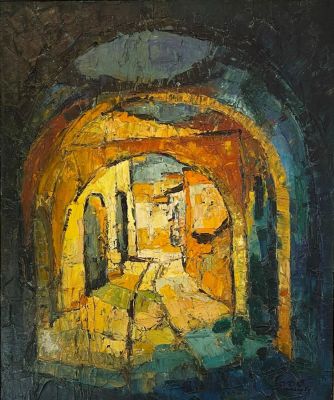 Rolly Sheffer - סימטה בצפת. שמן על בד, 50X60, מריחות הצבע משחקי אור וצל עם צבעים כחולים וכתומים - 