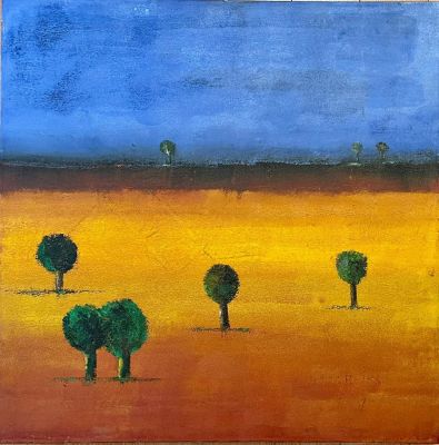 Israel Reiss - עצים באחו. שמן על בד, 70X70, חתום ומתוארך.