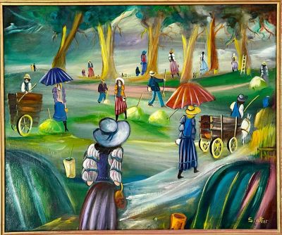 Shlomo Alter - נשים בפארק. שמן על בד, 50X60, חתום ממוסגר.