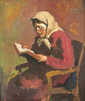 Ed adler - אשה קוראת עיתון. שמן על בד, 30X35, חתום ממוסגר.