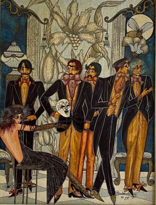 Dauber Miriam - נשף מסיכות. שמן על עץ, 30X23, חתום וממוסגר.