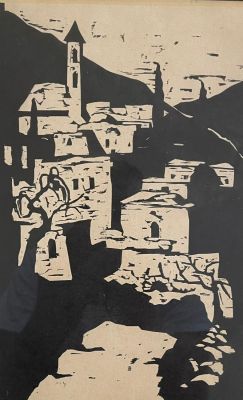 יעקב פינס - צפת. הדפס עץ, 30X20, לא חתום, ממוסגר.