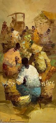 Alfredo Buenaventura - רוכלים בשוק. שמן על בד, 30X60, חתום ומתוארך.