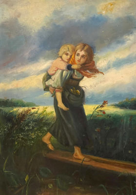 According to Konstantin Makowski - Children Running from the Storm. שמן על קרטון 48x33 ממוסגר