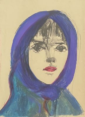 Ruth Schloss - נערה. שמן על הדפס נייר 32x24 חתום בהדפס וממסגר.
