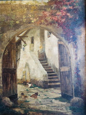‏Paul Unbereit (Berlin 1884-1937 ) - חצר האחוזה. שמן על לוח 27x35 אמן גרמני מפורסם מהמאה ה19.