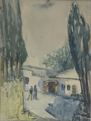 יוסף קוסונוגי - בקיבוץ. אקוורל על נייר 43x33 חתום וממוסגר